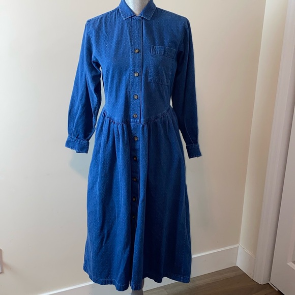 Vintage Eddie Bauer Button Front Polka Dot Denim Midi Dress Size Small - Picture 2 of 15